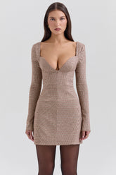 Brown puppytooth check plunge mini dress