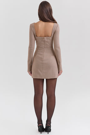 Brown puppytooth check plunge mini dress