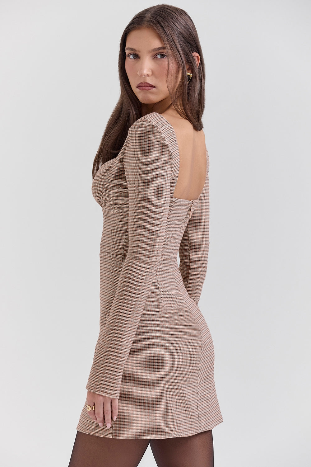 Brown puppytooth check plunge mini dress