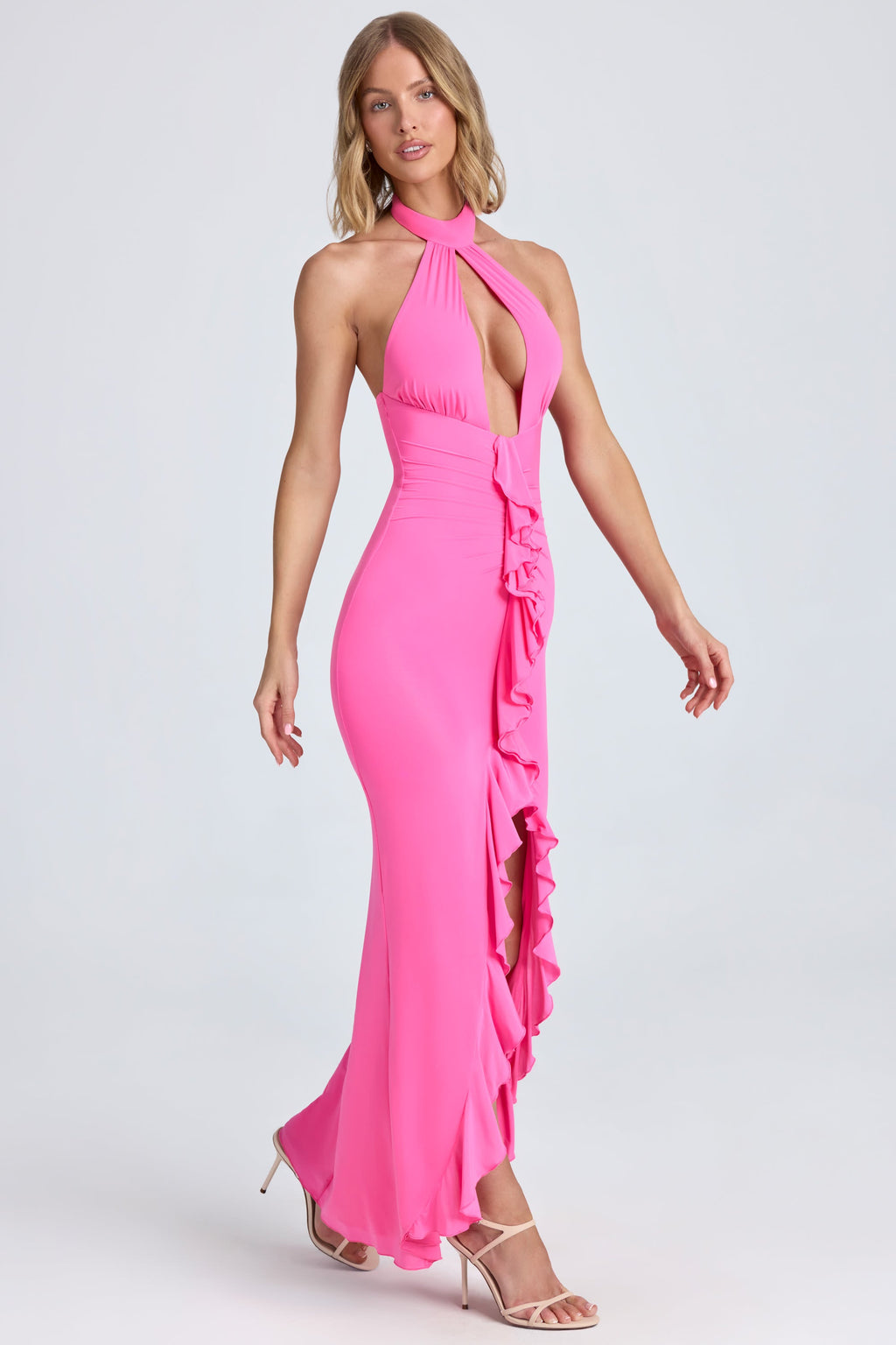 Ruffle-Trim Halterneck Gown in Lollipop Pink