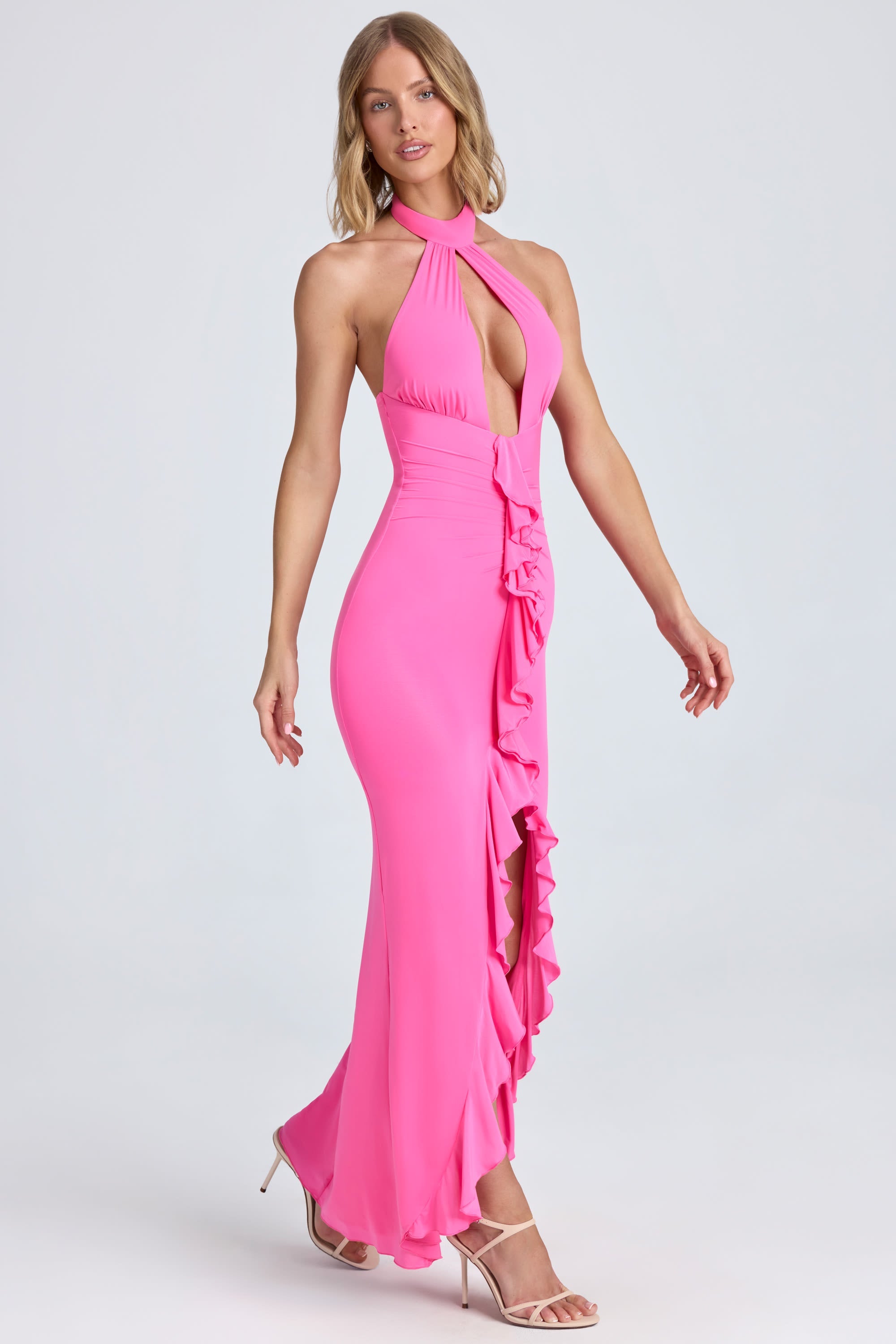 Ruffle-Trim Halterneck Gown in Lollipop Pink