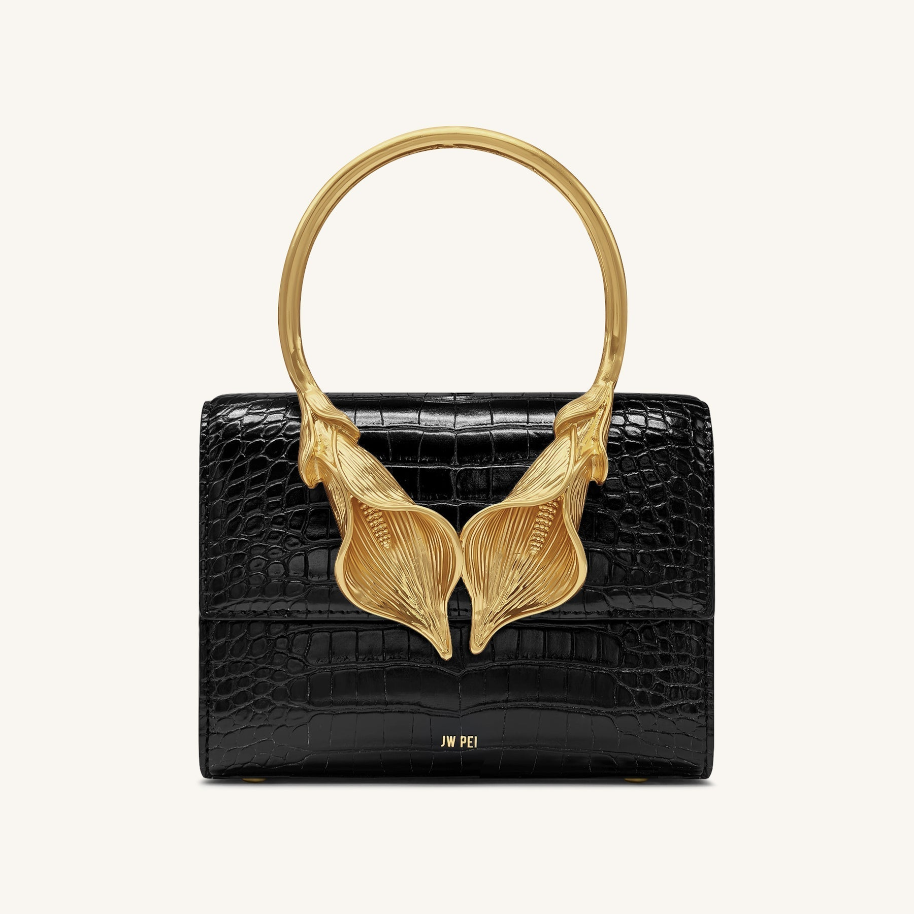 Astrid Calla Lily Metal Handle Top Handle Bag - Black Croc