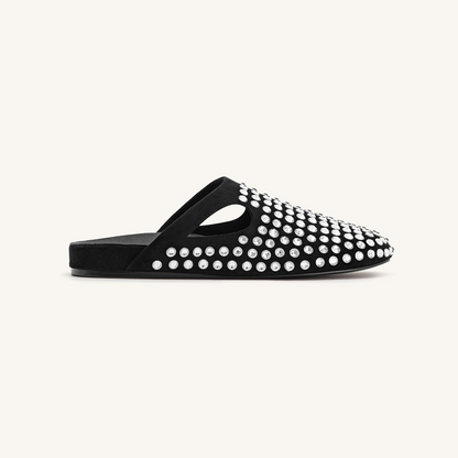 Athena Artificial Crystal Flat Mules - Black