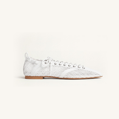 Ava Lace-Up Mesh Flats - White