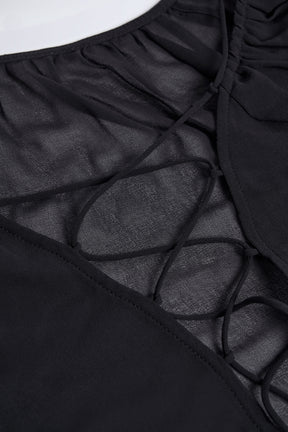 Lace-Up Balloon-Sleeve Mini Dress in Black