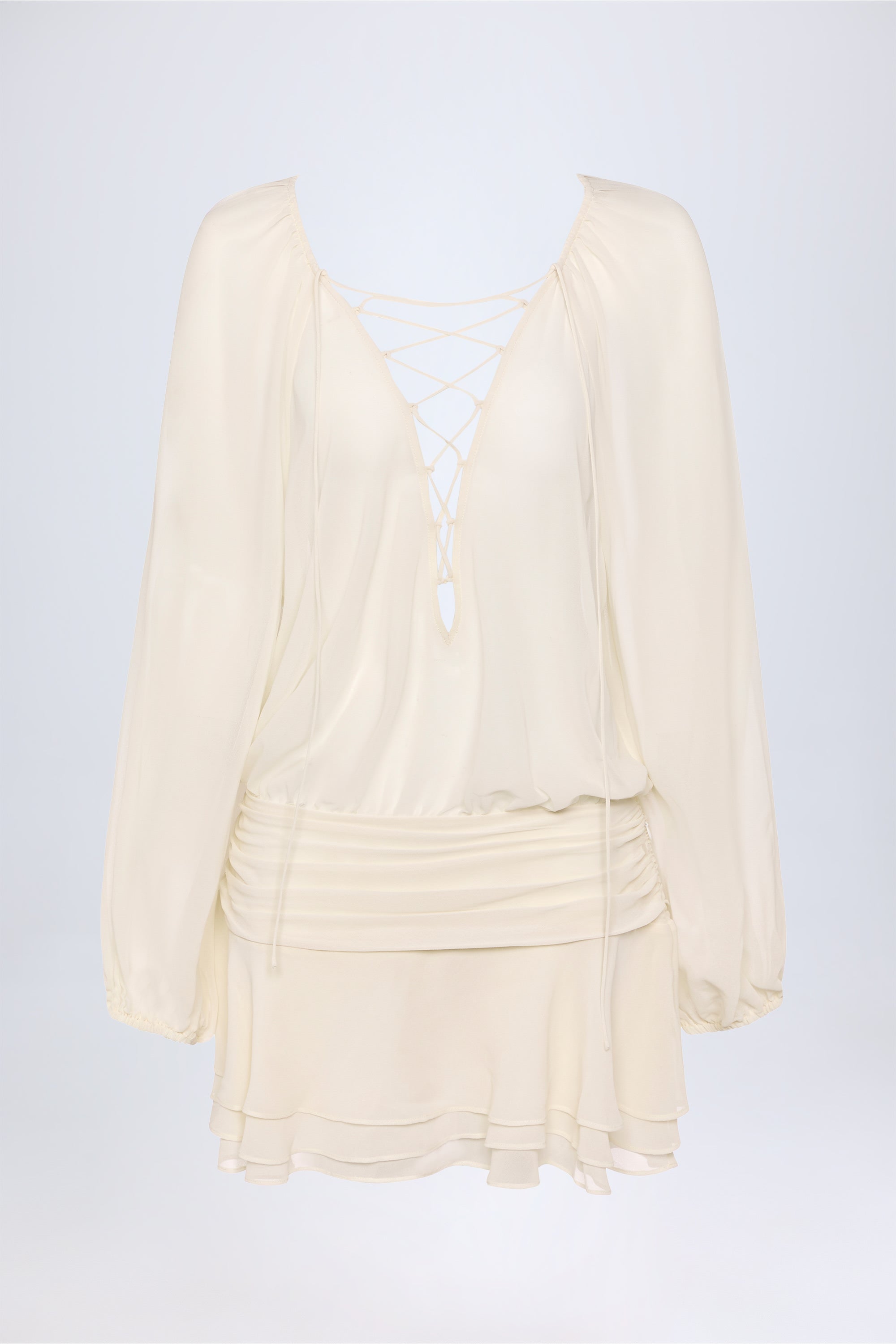 Lace-Up Balloon-Sleeve Mini Dress in Ivory