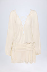 Lace-Up Balloon-Sleeve Mini Dress in Ivory