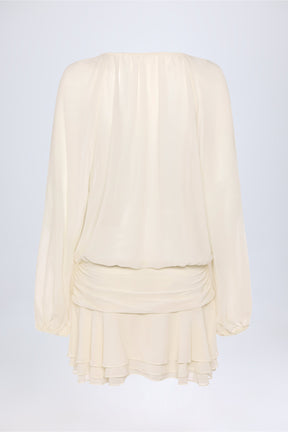 Lace-Up Balloon-Sleeve Mini Dress in Ivory