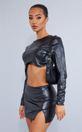 Petite Black Cracked Faux Leather Longsleeve Top