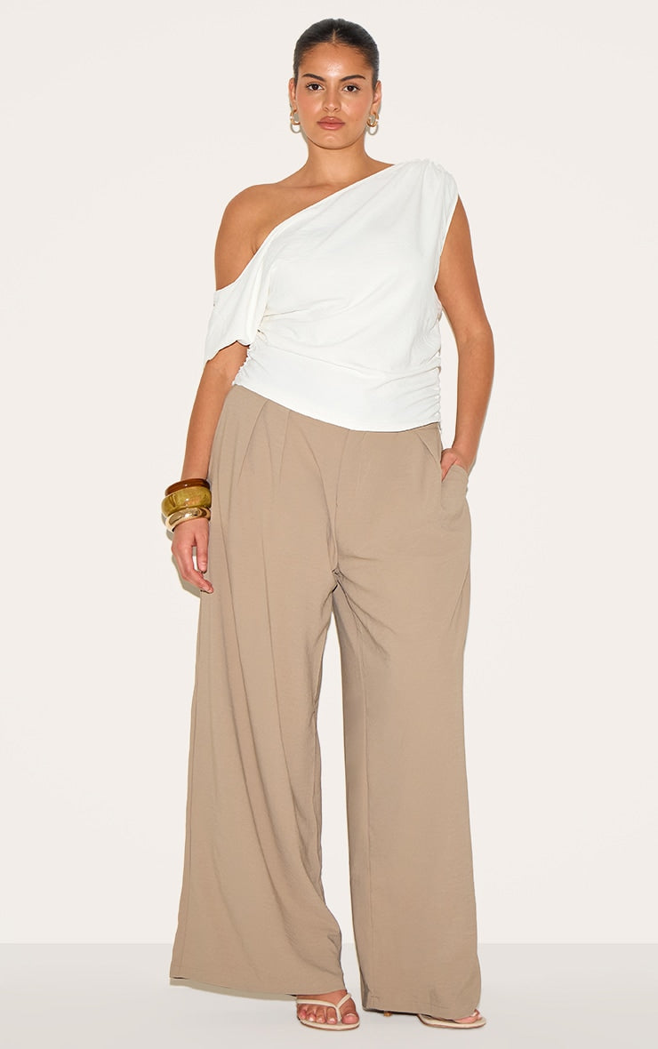 Plus Mushroom Floaty Woven Double Pleat Wide Leg Trousers