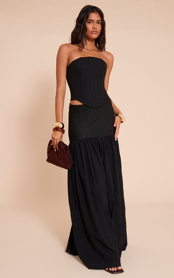 Black Textured Drop Waist Lightweight Woven Maxi Skirt
