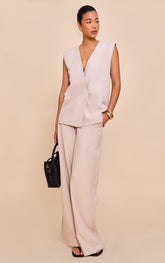 Clay Woven Extreme Wide Leg Pleated Mid Rise Wide Leg Trouser