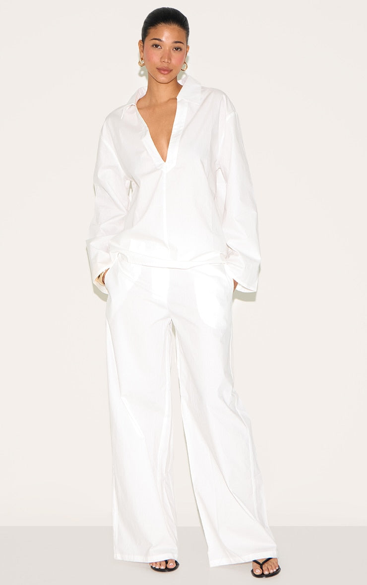 White Cotton Poplin Mid Rise Wide Leg Trousers
