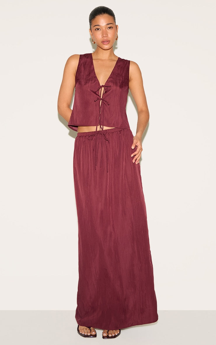 Plum Textured Tie Waist Detail Maxi Skirt