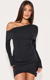 Black Rib Bardot Wrap Mini Dress