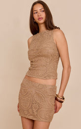 Taupe Textured Embroidered Mini Skirt