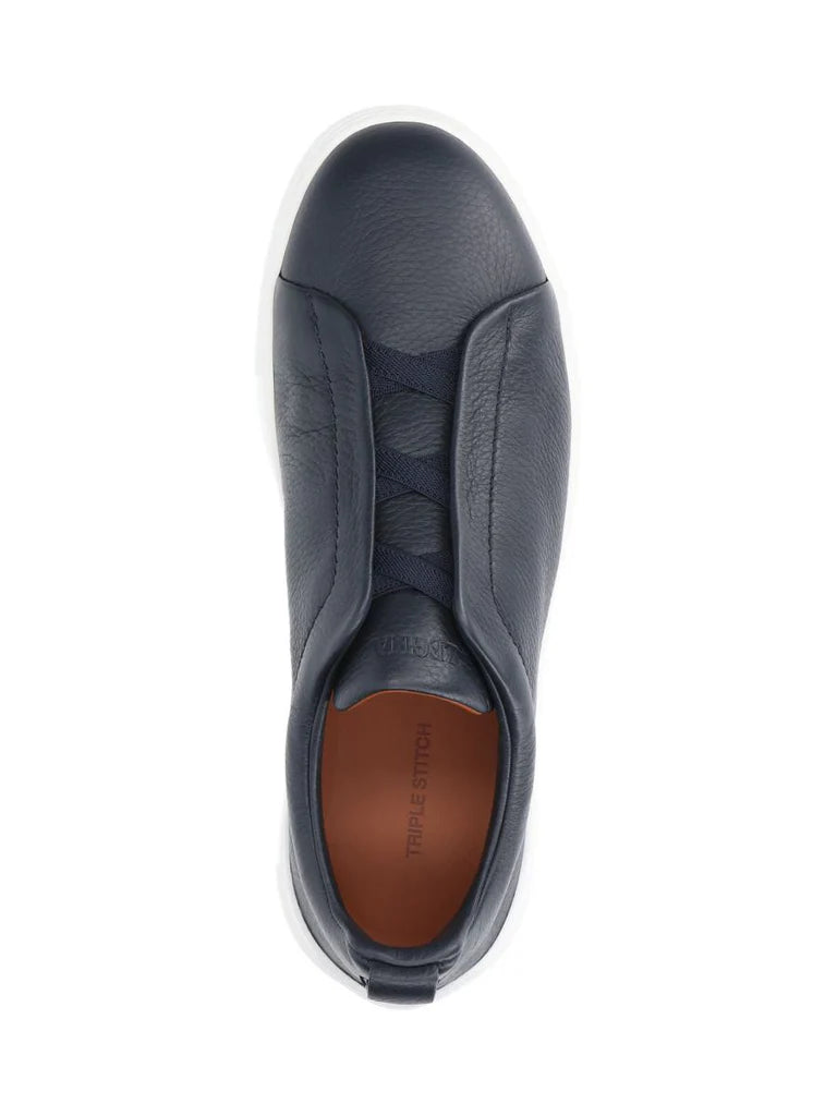 Zegna Men’s Blue Leather Slip-On Sneakers – Made in Italy | Premium Multi-Leather Lining & TPU Sole