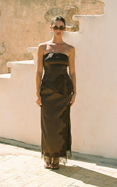 Brown Satin Lace Detail Midi Skirt