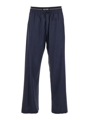 Msgm Blue Pants with Logo Band and Drawstring Waist in Cotton Man