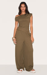Dark Green Textured Mid Rise Wide Leg Trousers