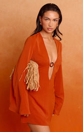Rust Floaty Woven Plunge Ring Detail A Line Mini Dress