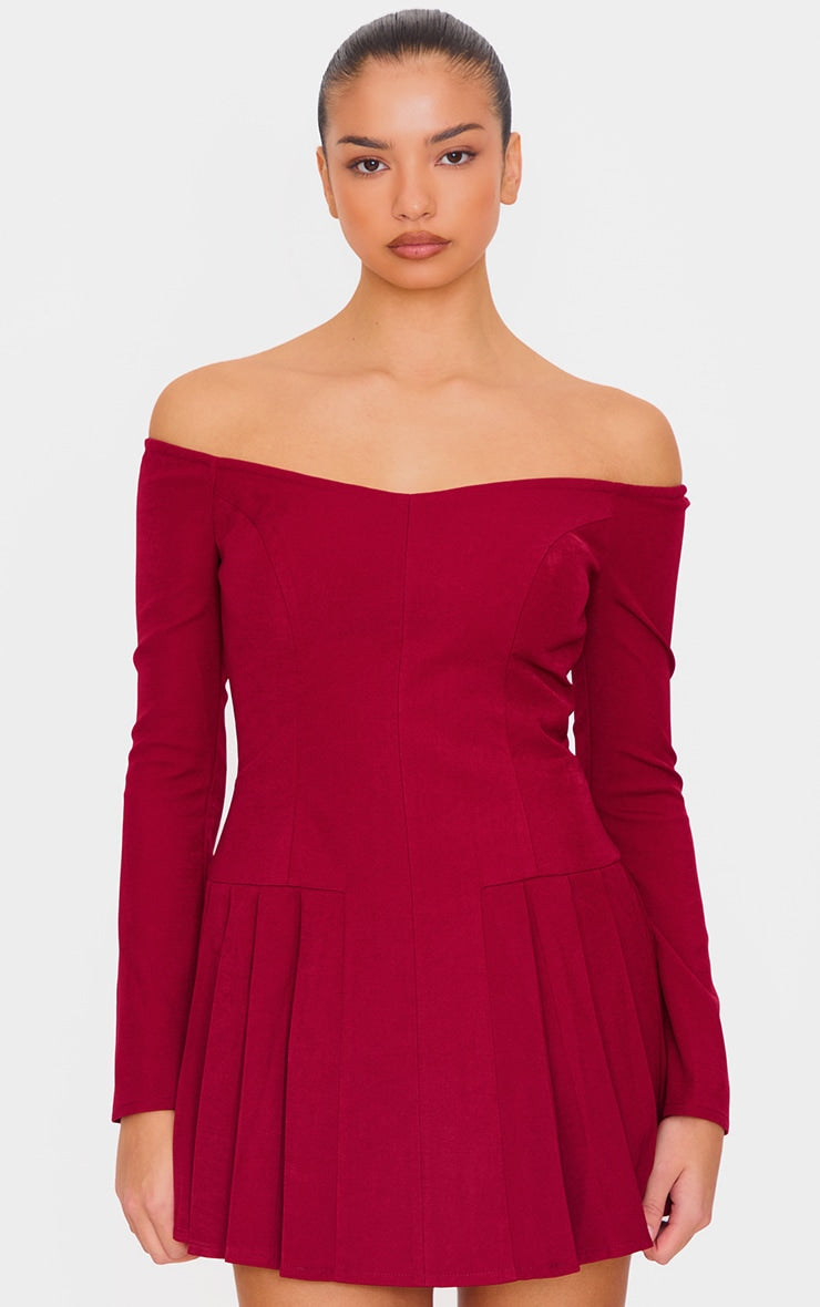 Burgundy Woven Bardot Ling Sleeve Shift Dress