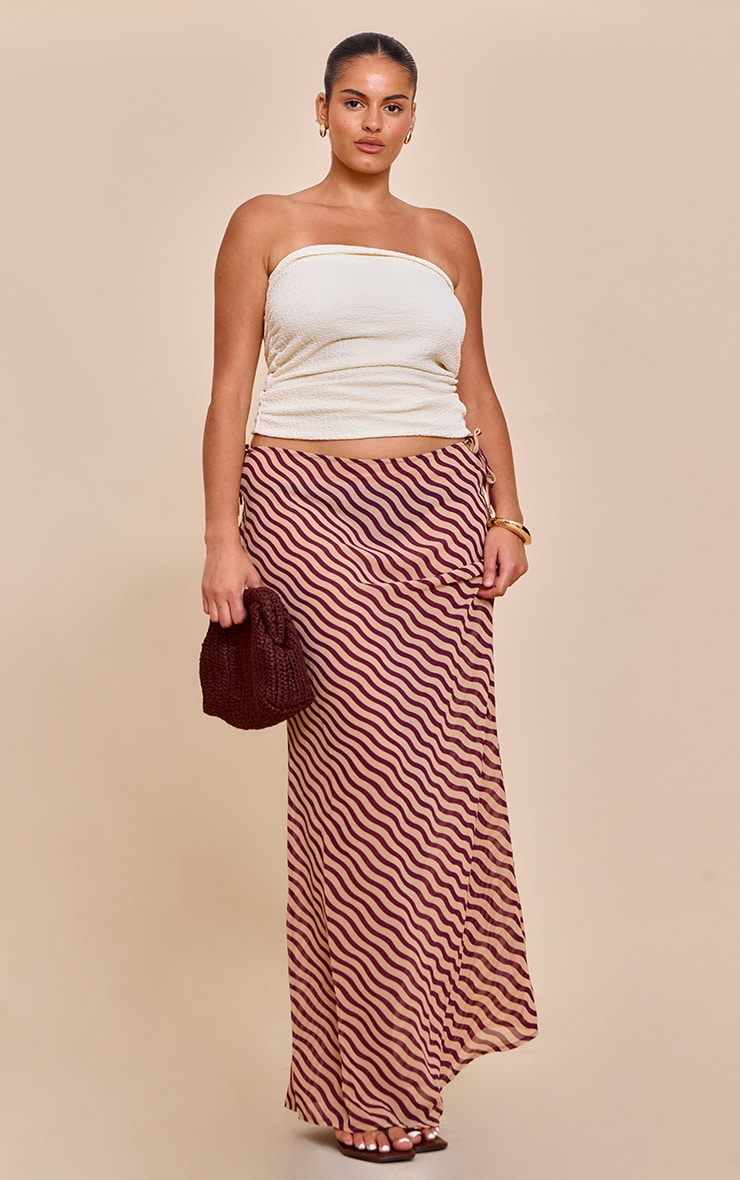 Plus Tan Striped Print Sheer Low Rise Maxi Skirt