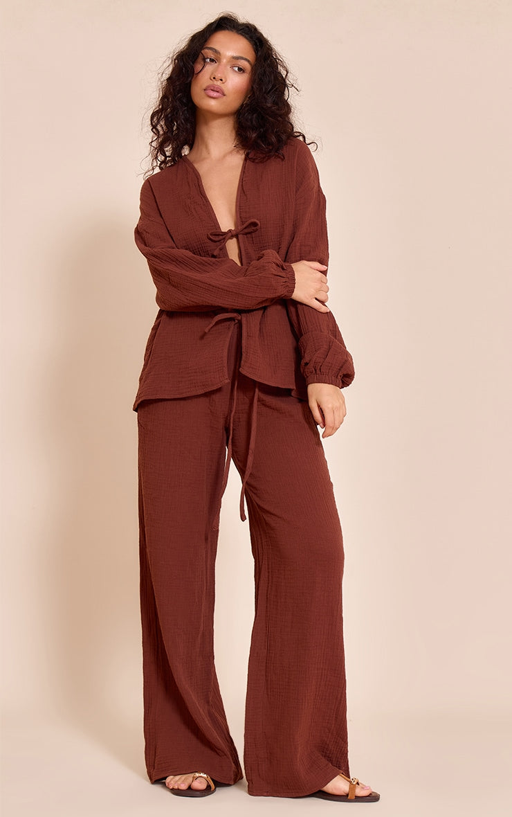 Dark Brown Cheesecloth Textured Wide Leg Trouser