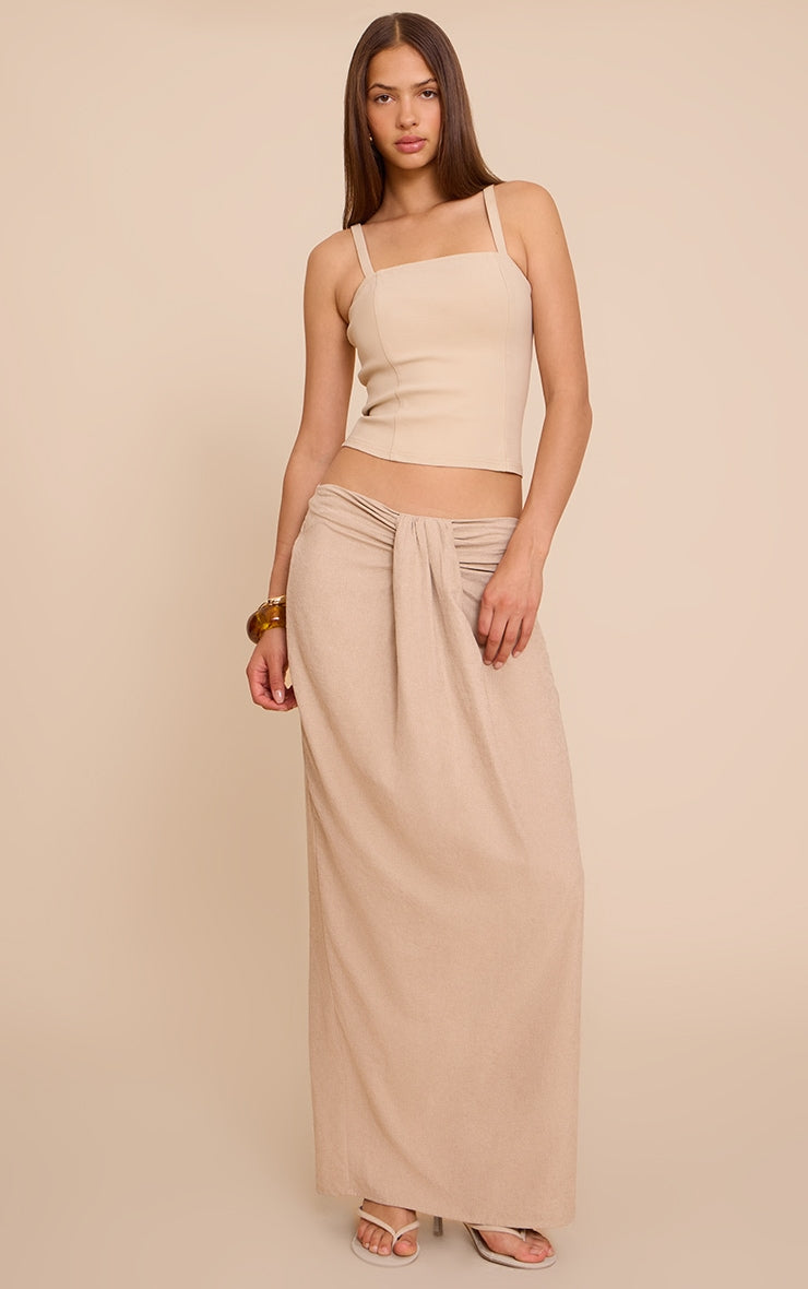 Beige Peachskin Drape Front Maxi Skirt