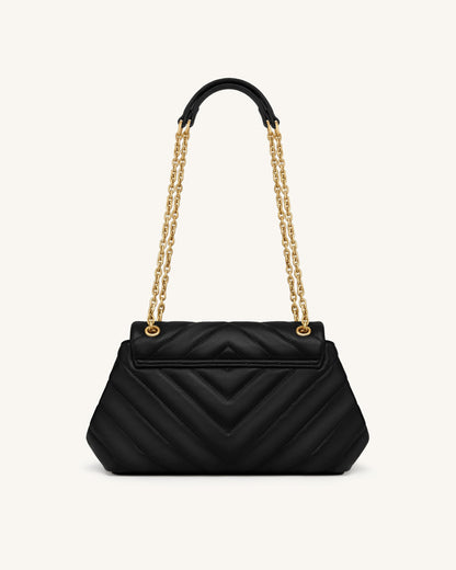 Valerie Quilted Chain Flap Shoulder Bag - Black