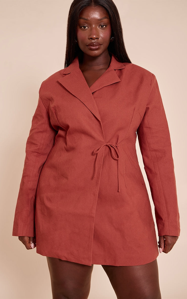Plus Rust Linen Blend Tie Detail Blazer Dress