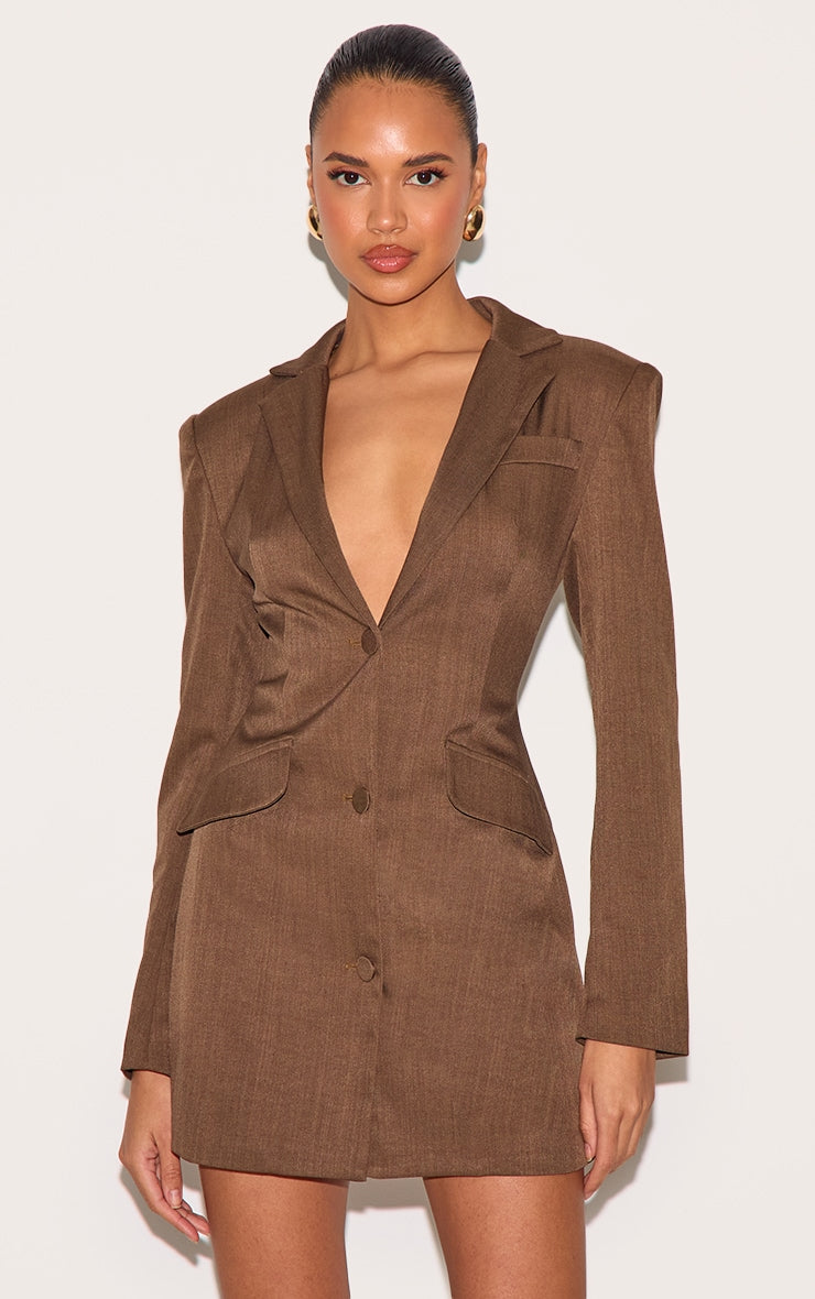 Chocolate Woven Cinched Waist Blazer Dress