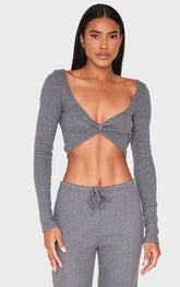 Charcoal Brushed Rib Twist Front Long Sleeve Bardot Top