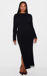 Plus Black Rib Knit Low Back Long Sleeve Maxi Dress