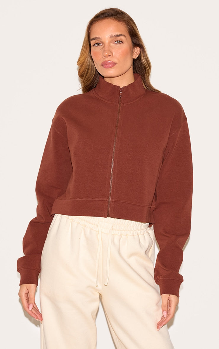 Chocolate Premium Interlock Zip Through Boxy Sweatshirt