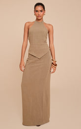 Khaki Textured Floaty Mid Rise Maxi Skirt