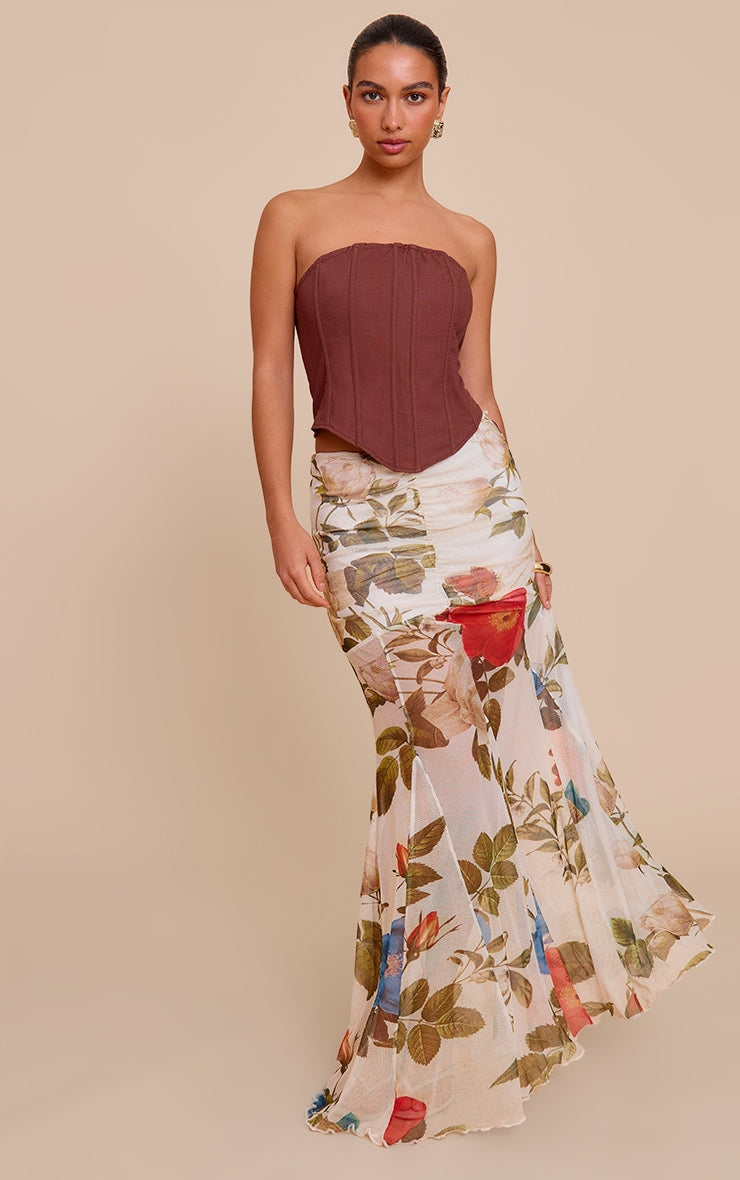 Cream Printed Mesh Overlay Maxi Skirt