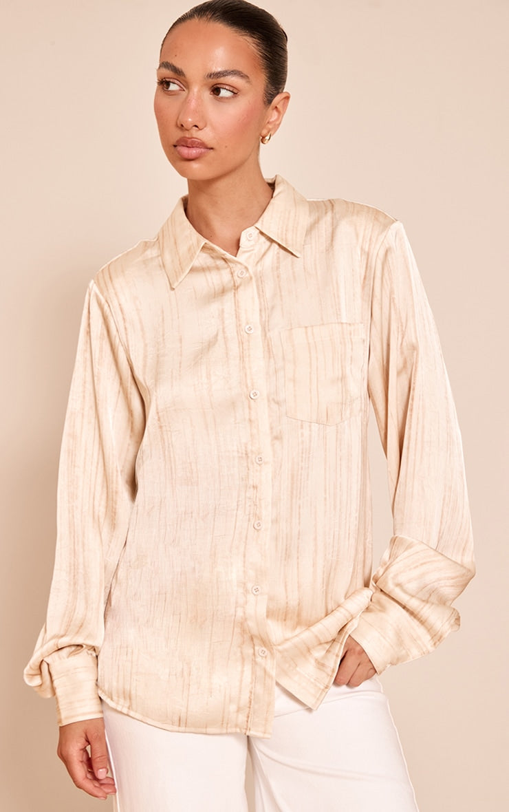 Cream Textured Satin Shoulder Pad Shirt