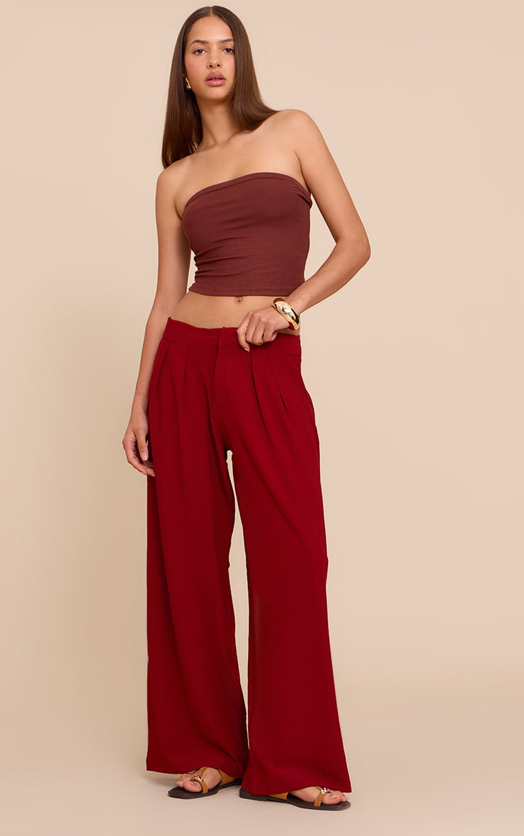 Deep Red Floaty Woven Double Pleat Wide Leg Trousers