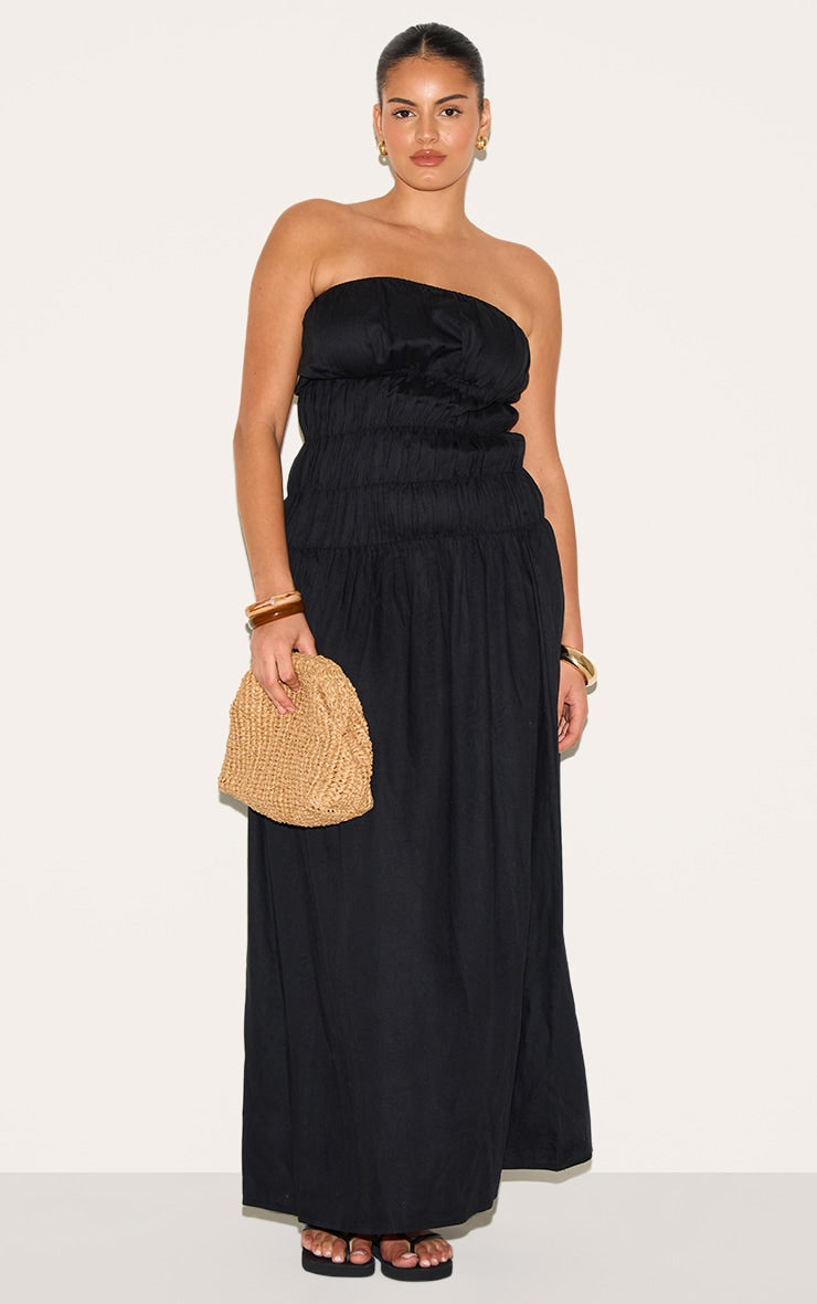 Plus Black Bandeau Ruched Detail Maxi Dress