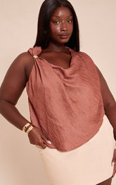 Plus Brown Textured Woven Trim Drape Top