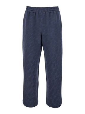 Fendi Blue Pants with All-Over Embossed FF Motif and Elastic Waist in Cotton Blend Man