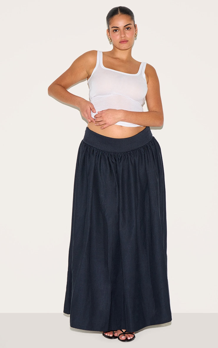 Plus Indigo Blue Wash Woven Drop Waist Rib Panel Maxi Skirt
