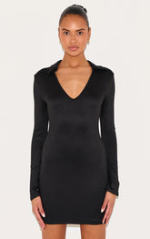 Black Double Contour Collar Detail Long Sleeve Bodycon Dress