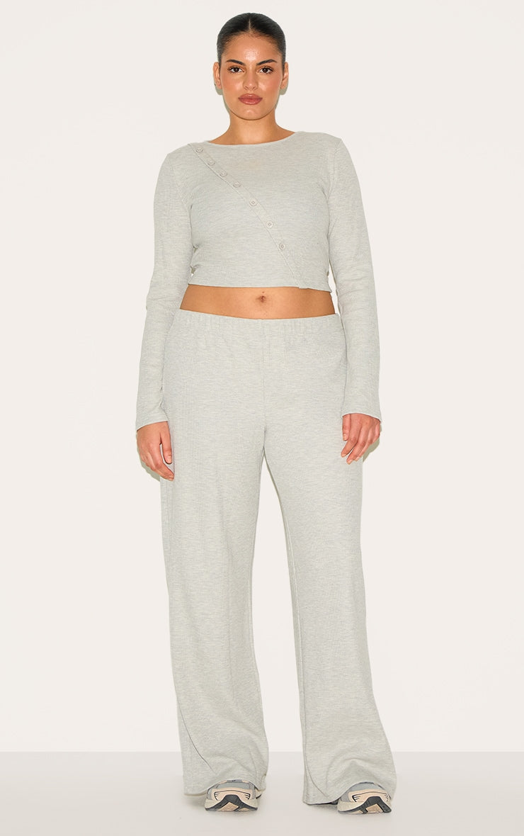 Plus Grey Marl Mid Rise Wide Leg Waffle Trouser