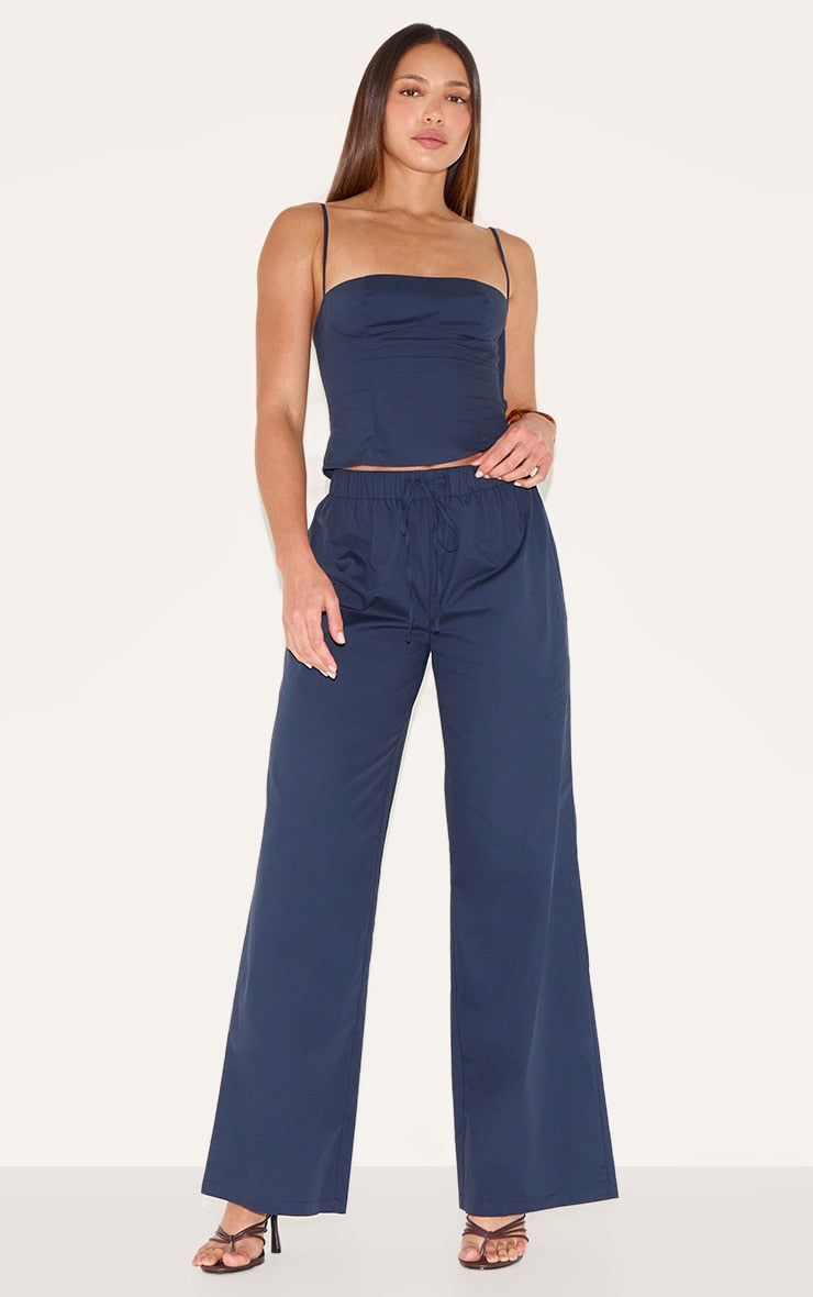 Tall Navy Drawstring Woven Wide Leg Trousers