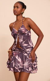 Brown Floral Printed Split Hem Halterneck Cami Top