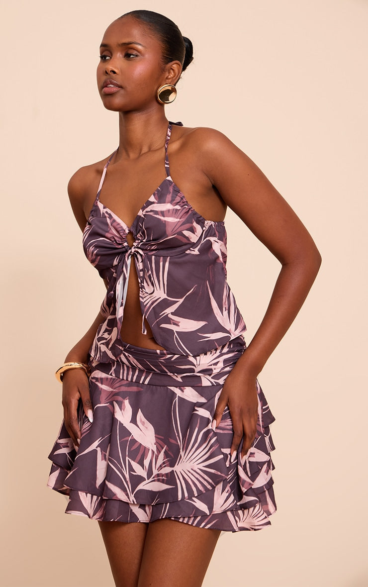 Brown Floral Printed Split Hem Halterneck Cami Top