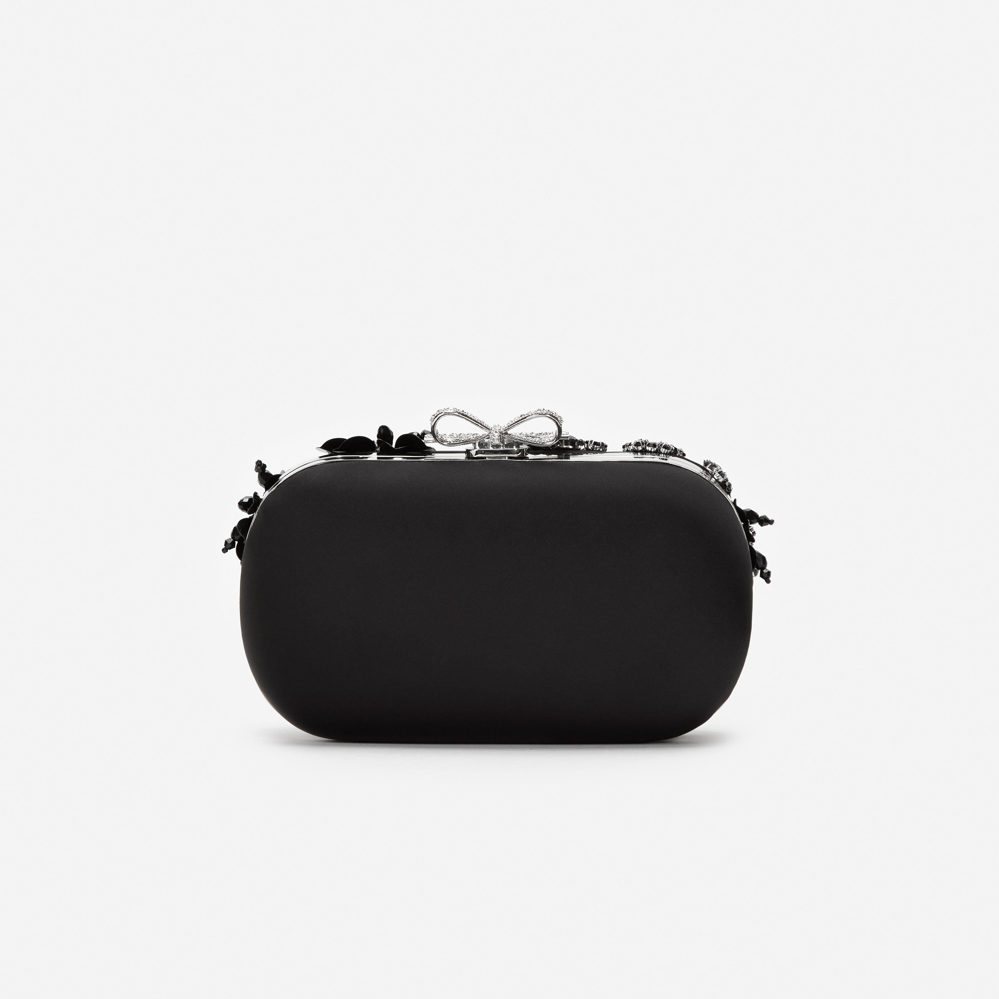 Black Satin Floral Crystal Clutch Bag