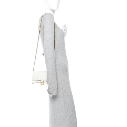 Balenciaga Shiny Calfskin Crocodile Embossed Hourglass Chain Bag White